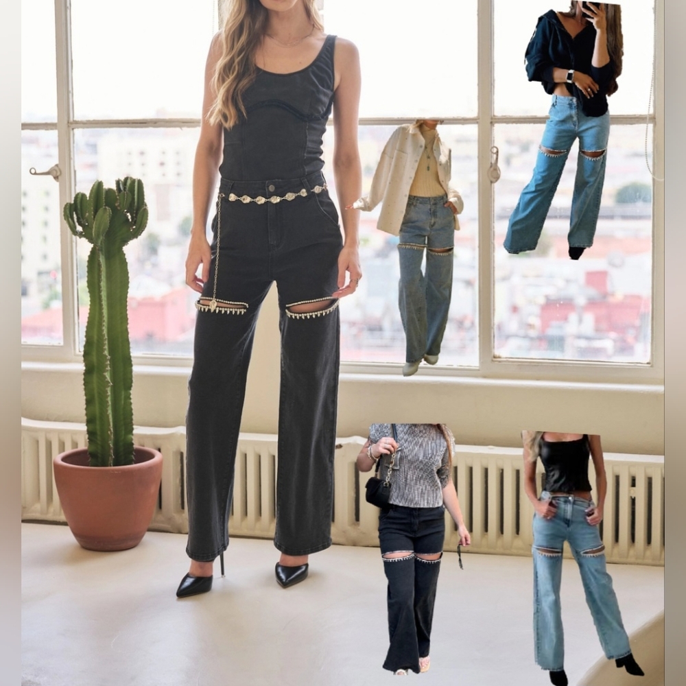 #59585 🛑S, L FABULOUS Cut Out Front Rhinestone Washed Denim Jeans - Picture 6 of 16
